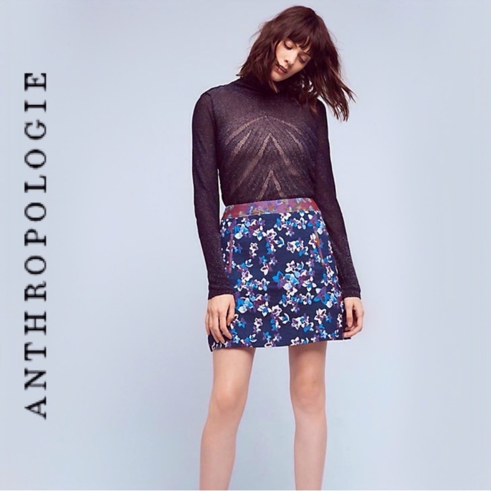 Anthropologie Maeve Women’s Blue Purple Printed Floral Jaccquard Mini Skirt